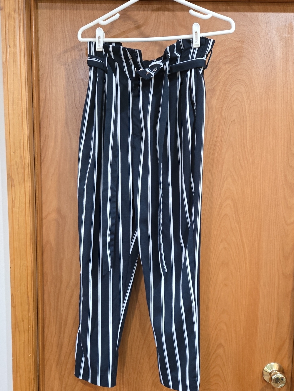 H&M Black and White Vertical Stripe Paperbag Trousers